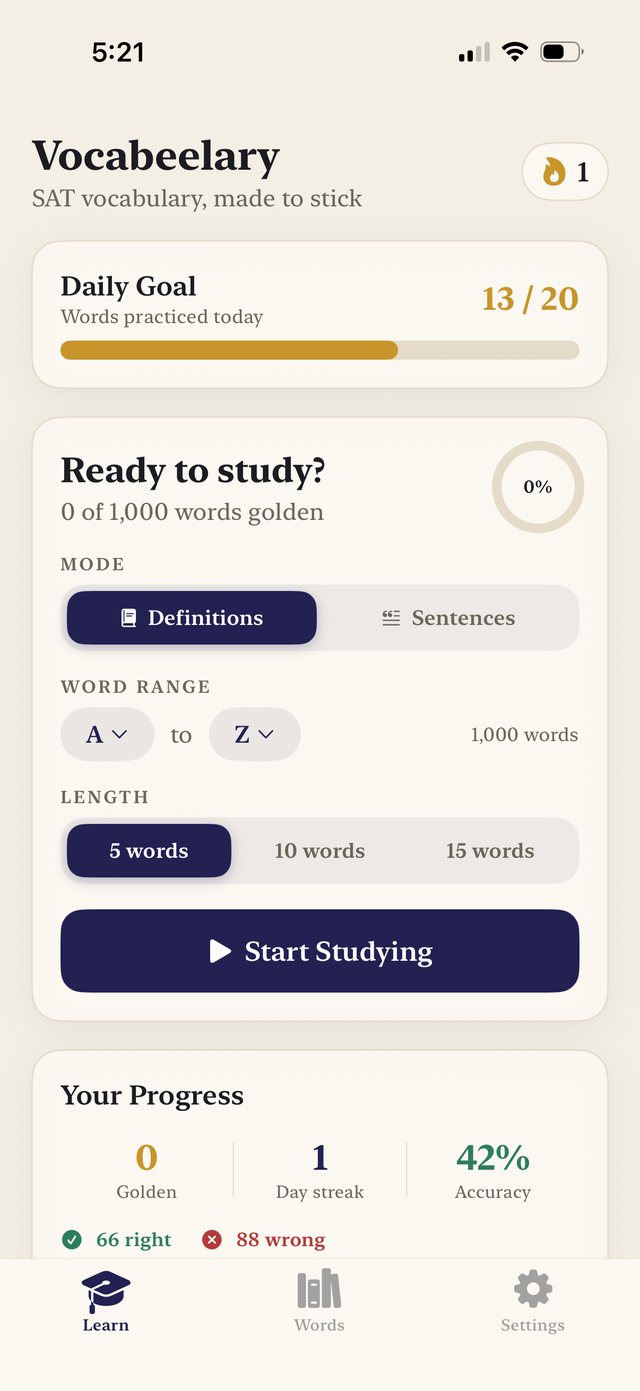 The Vocabeelary Learn screen: a daily goal of 13 of 20 words, a choice of Definitions or Sentences mode, an A to Z word range, and a Start Studying button