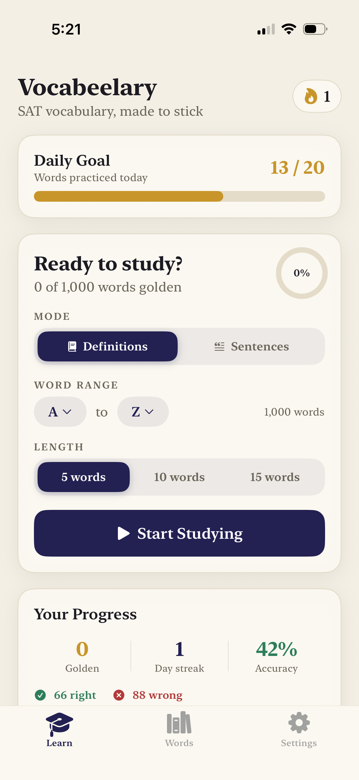 Vocabeelary home screen — daily goal, study modes, and progress