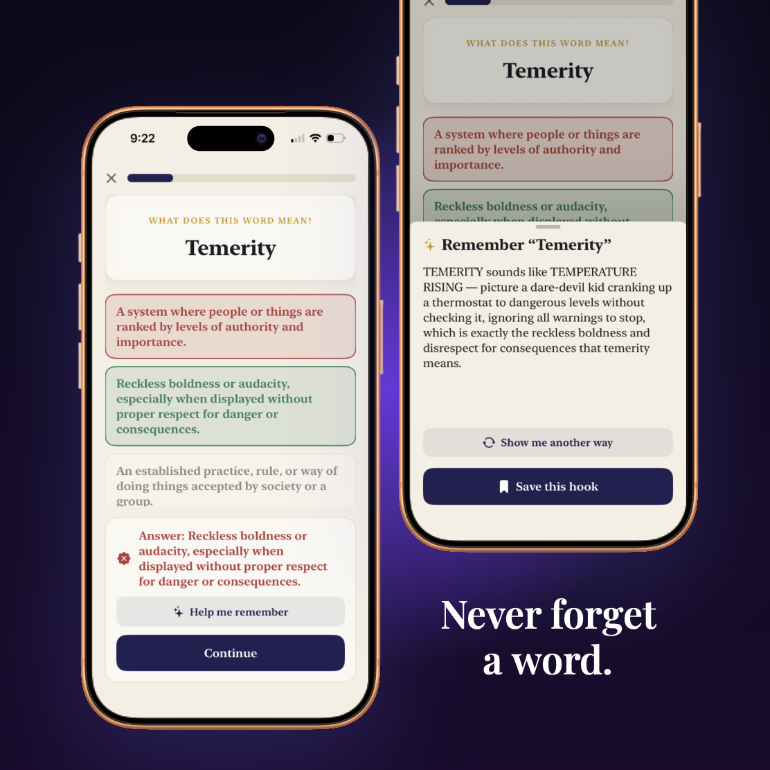 Vocabeelary AI tutor creating a memory hook for the word Temerity